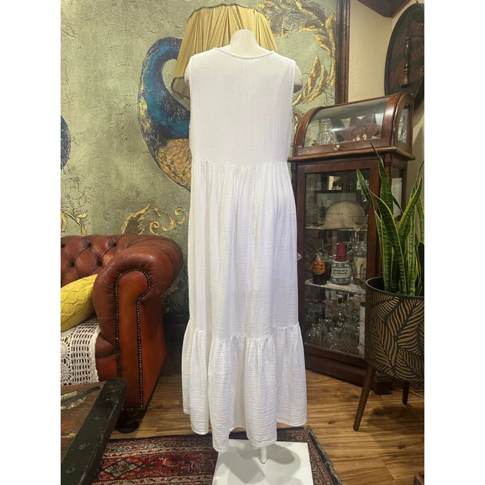 Boho Chic White Cotton Gauze Tiered Maxi Dress XL - Picture 6 of 11